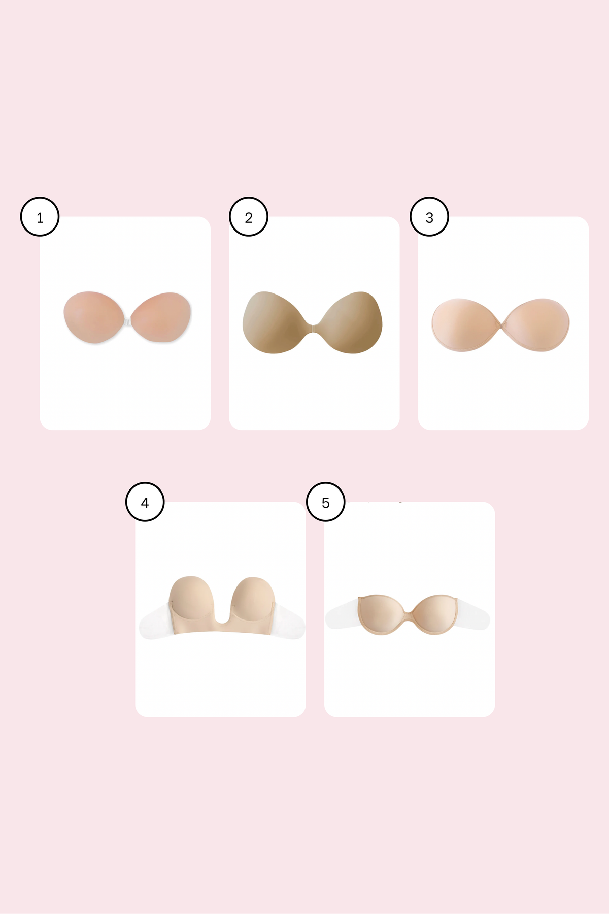 Set of five different styles of bras on a pink background. Vixxen The Ultimate Stick-On Trio