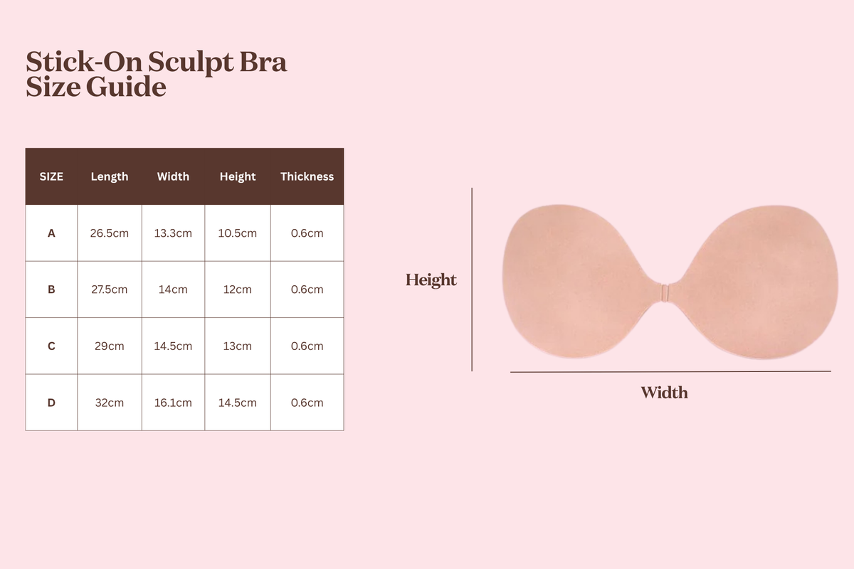 Stick-on sculpt bra size guide with measurements