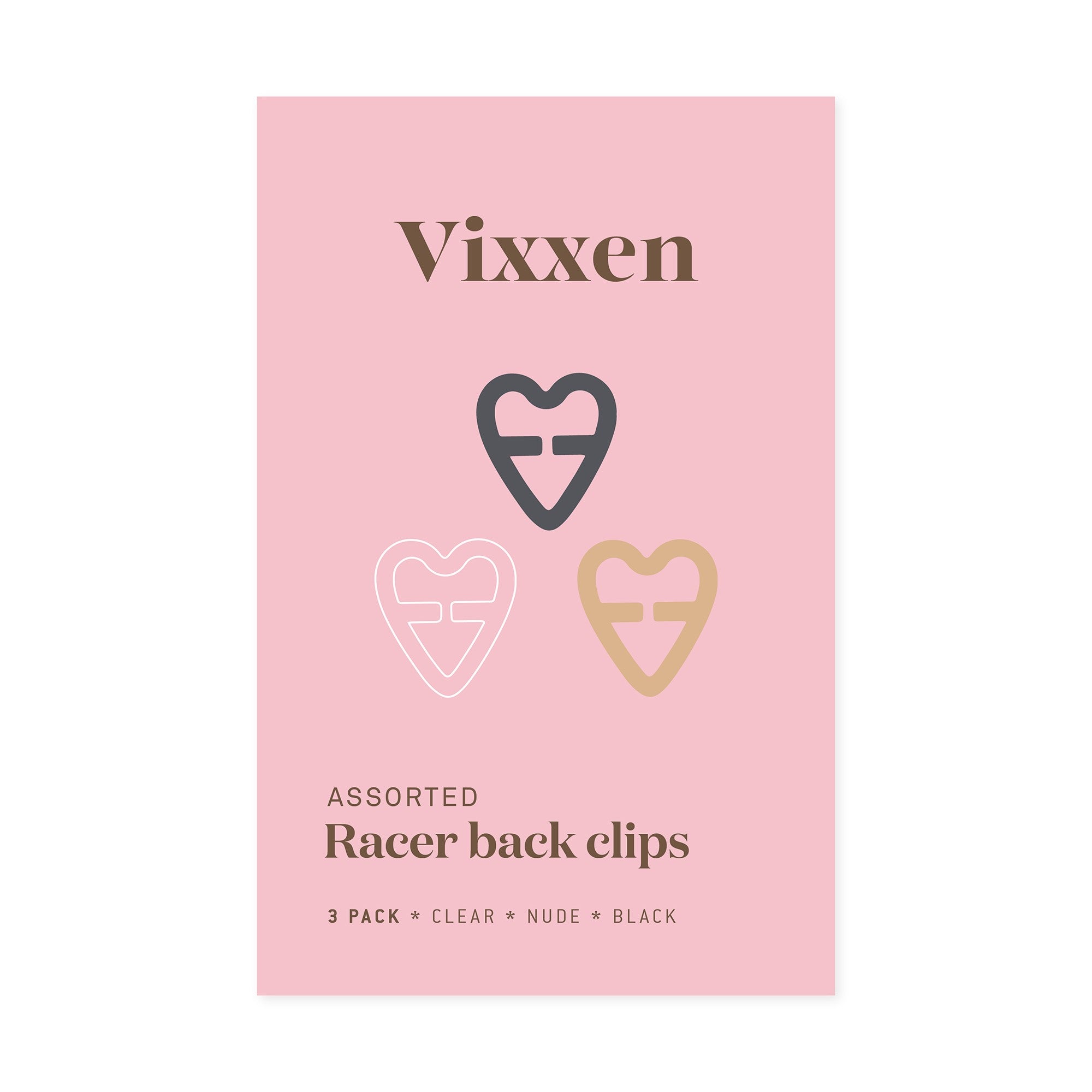 Vixxen Assorted Heart Shaped Racer Back Clips 3 pack | Clear, Beige & Black
